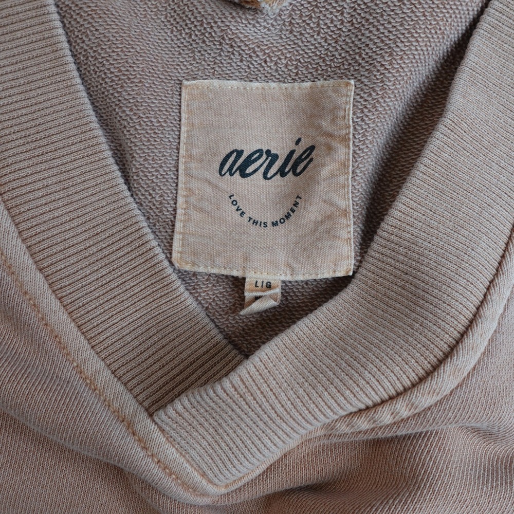 Aerie Oversized V-Neck Sweatshirt Womens L Terracotta Tan Ribbed Trim Slouchy - Picture 6 of 10